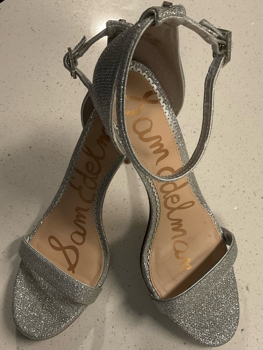 Sam Edelman Silver Glitter Ankle-Strap Heels 8